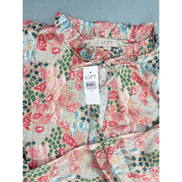 LOFT WOMEN Garden Cinched Sleeve Ruffle Tie Neck Mixed Media Top M - Picture 16 of 16